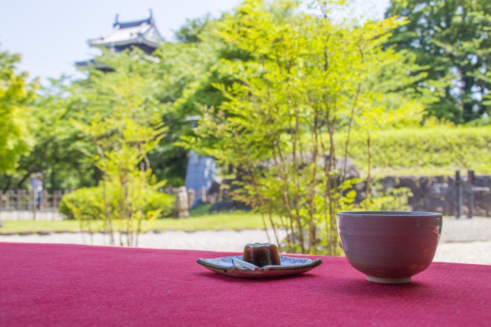 美しい庭園を眺めながら西尾の抹茶をいただく（一服 税込み450円、季節の和菓子付き）